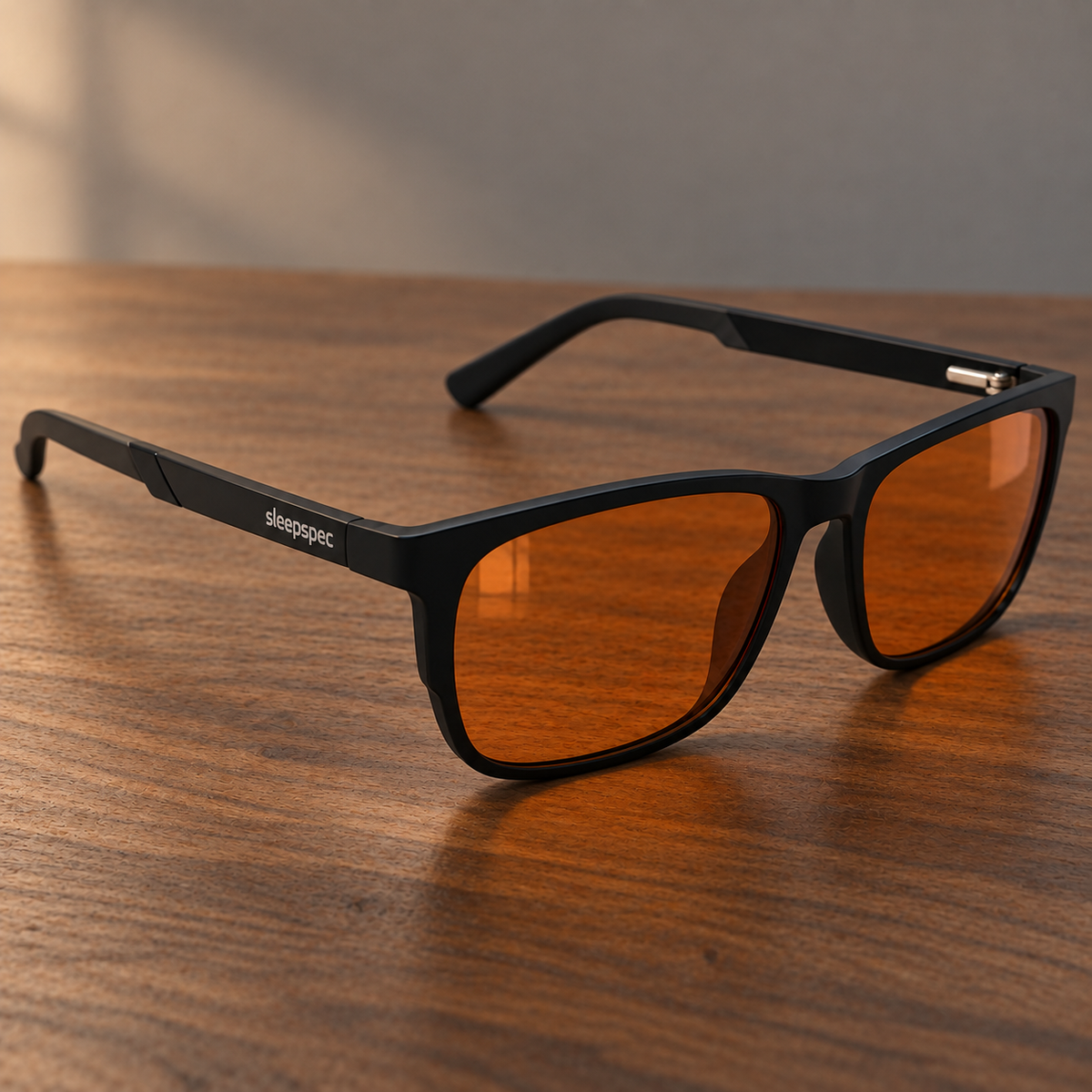 SleepSpec sleep glasses with deep-amber lenses resting on a wooden table