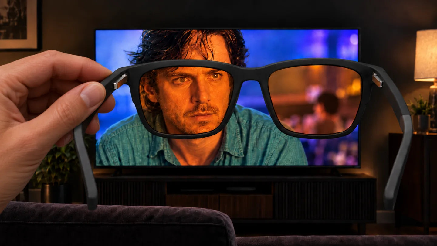 SleepSpec glasses held up in front of a television at night. Through the deep-amber lenses the picture turns warm amber and stays sharp.