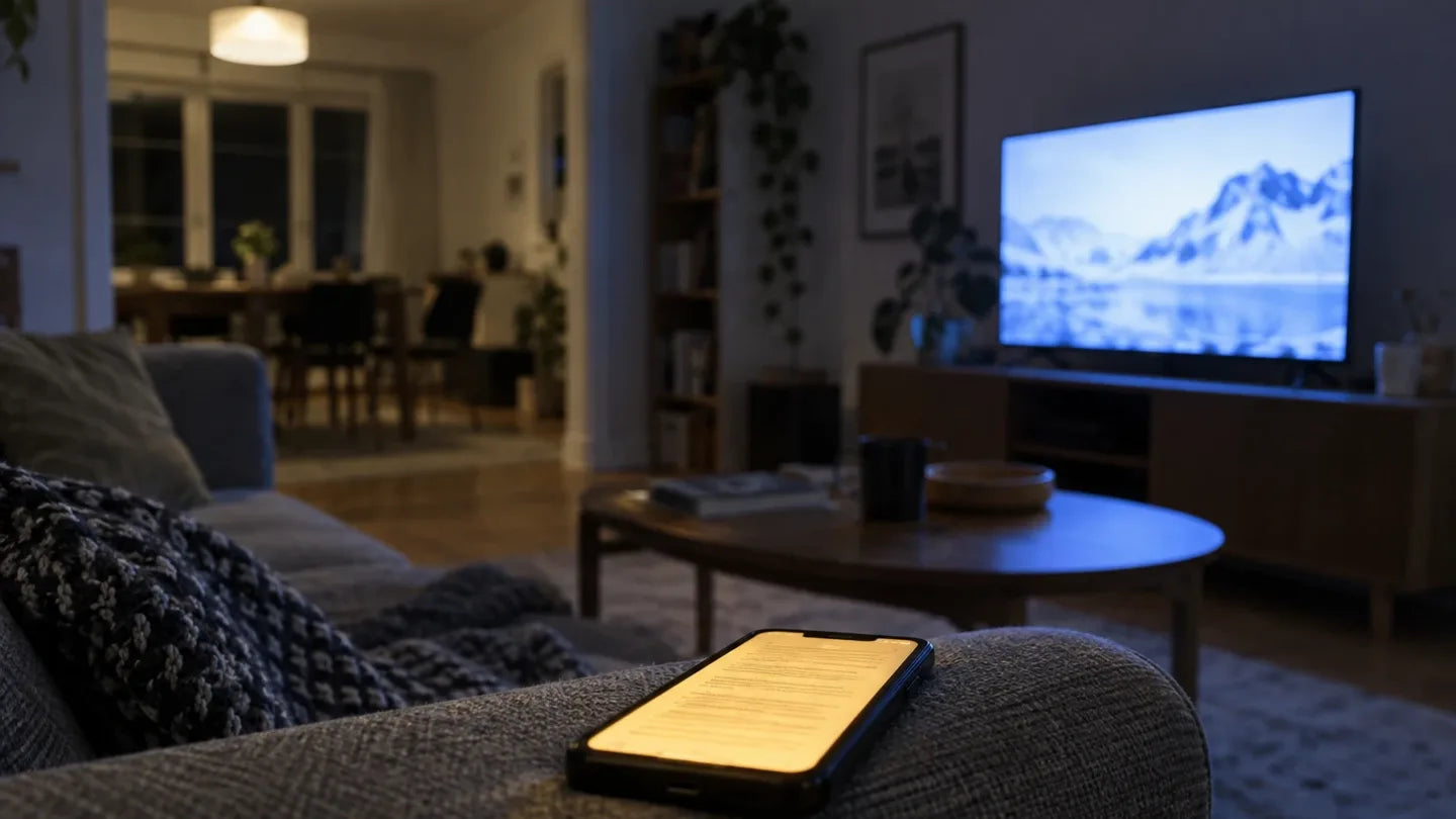 A phone on the arm of a sofa at night, its screen tinted warm yellow. Behind it a television shows a bright blue-white picture and a ceiling light is on.