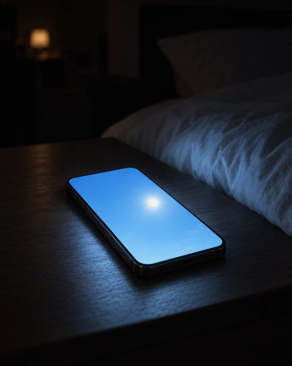 A phone on a bedside table in a dark bedroom, its screen showing a bright blue daytime sky.