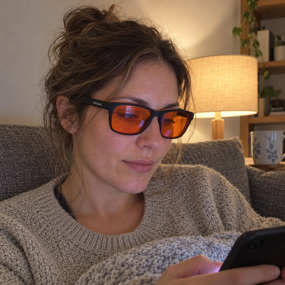 	A woman on a sofa in the evening wearing SleepSpec deep-amber glasses while looking at her phone