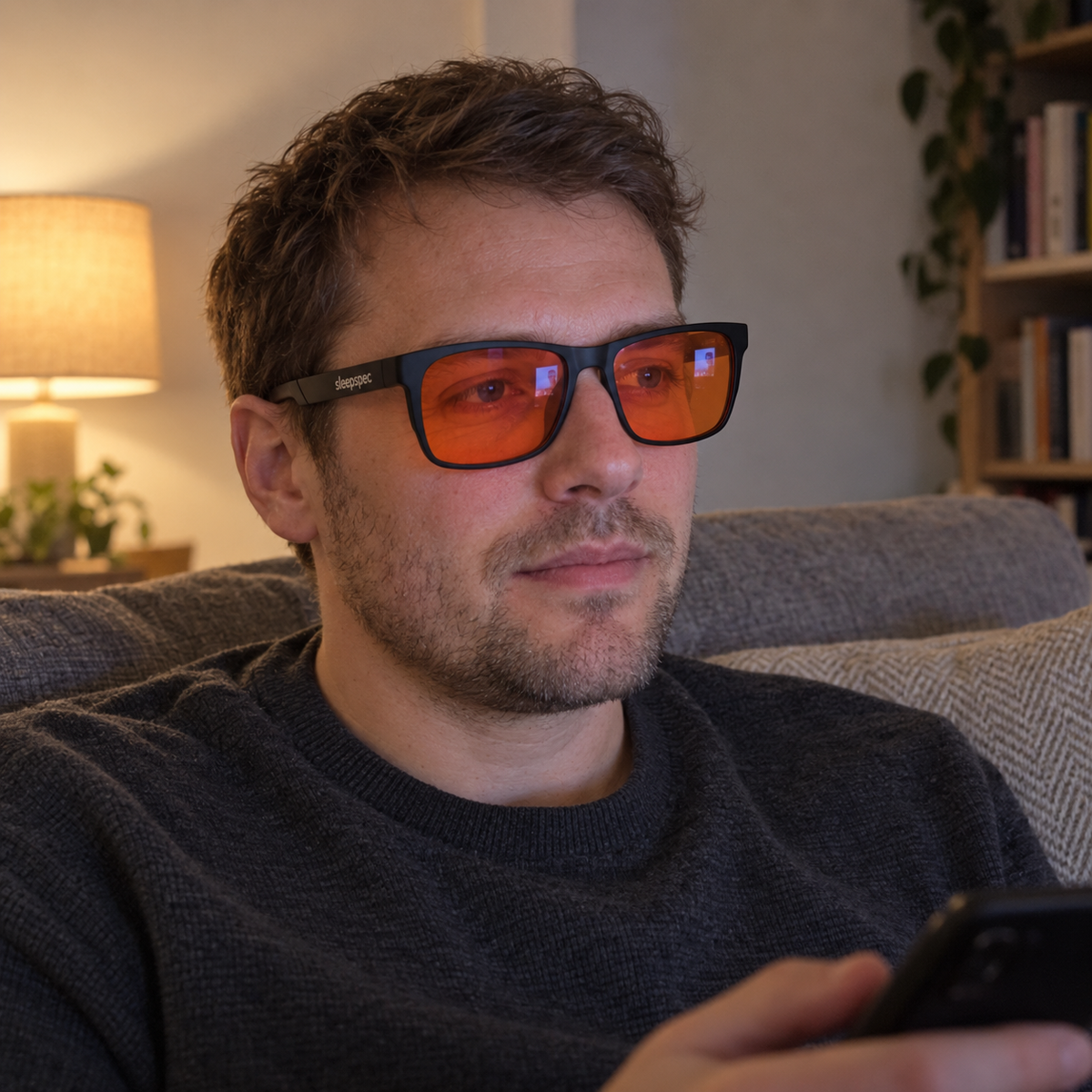 man on a sofa in the evening wearing SleepSpec deep-amber glasses while holding his phone