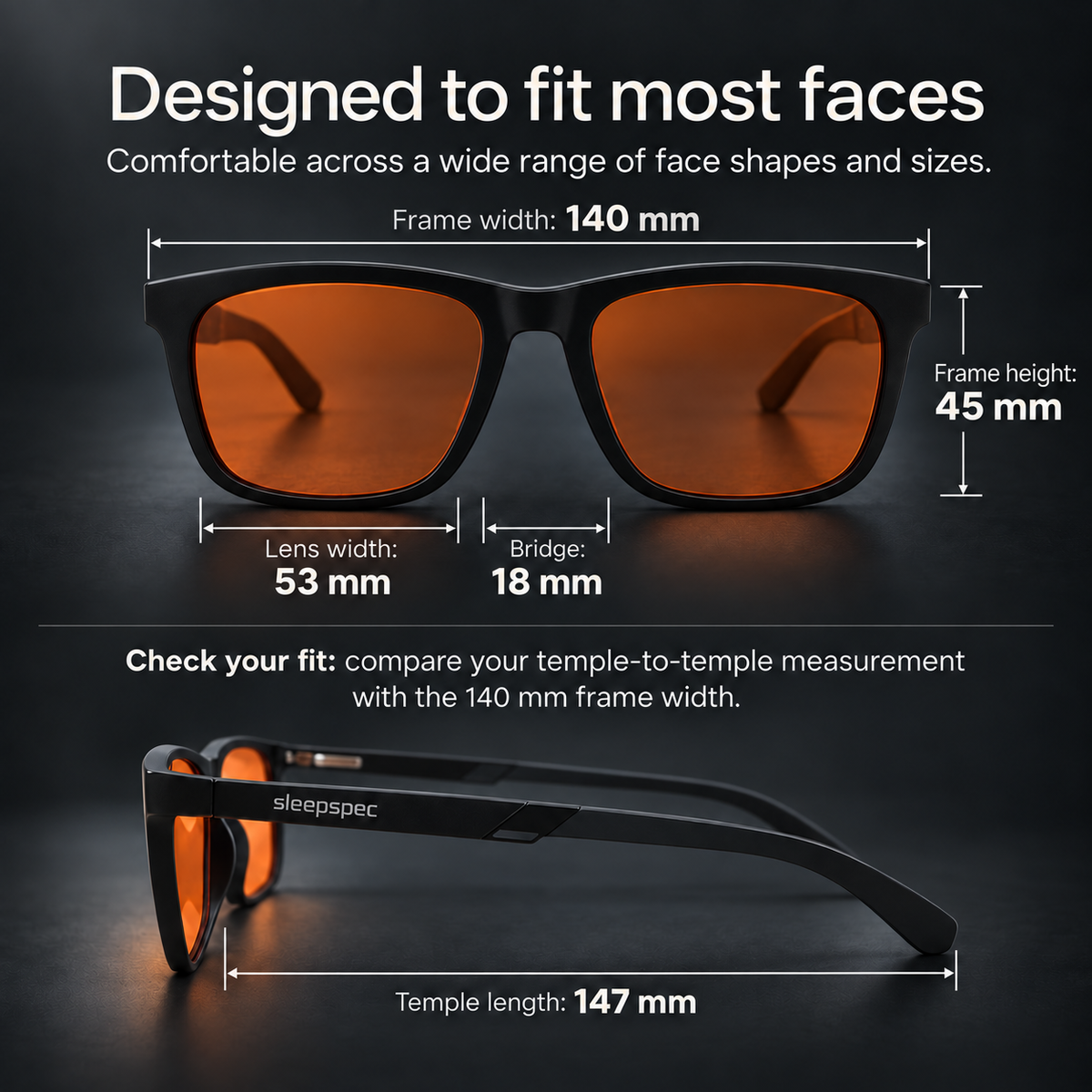 SleepSpec frame measurements: 140 mm frame width, 45 mm frame height, 53 mm lens width, 18 mm bridge and 147 mm temple length