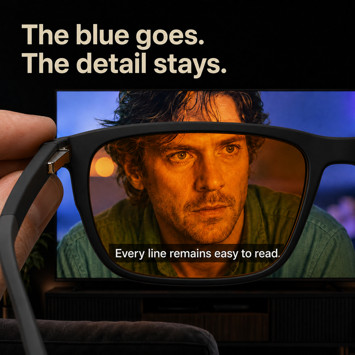 Looking at a TV through a SleepSpec lens: the picture turns amber but the subtitles stay sharp and easy to read