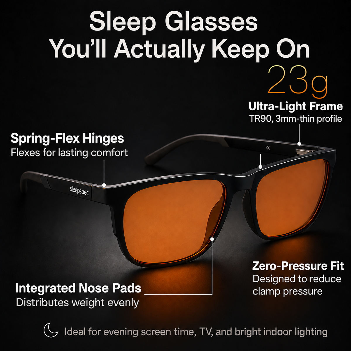 SleepSpec sleep glasses with labels pointing to the 23 g frame, spring-flex hinges and integrated nose pads