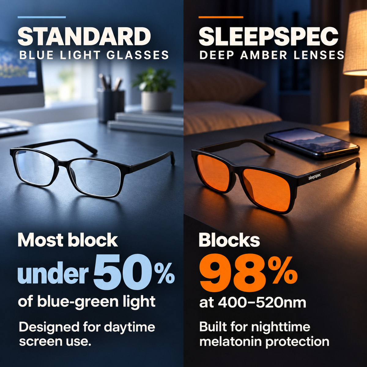 Clear blue light glasses next to SleepSpec deep-amber glasses, which block 98% of blue-green light at 400–520 nm, made for the hours before bed