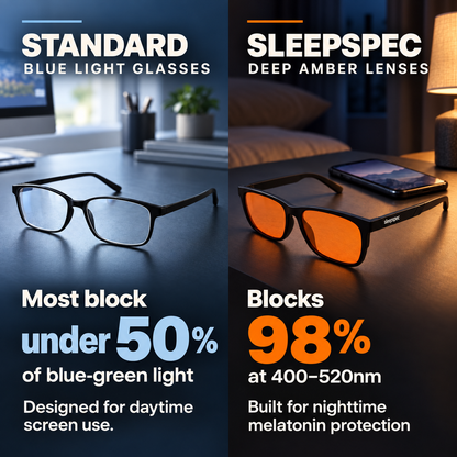 Clear blue light glasses next to SleepSpec deep-amber glasses, which block 98% of blue-green light at 400–520 nm, made for the hours before bed