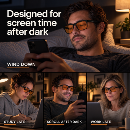 People wearing SleepSpec glasses after dark: winding down in bed, studying, scrolling a phone and working late on a laptop