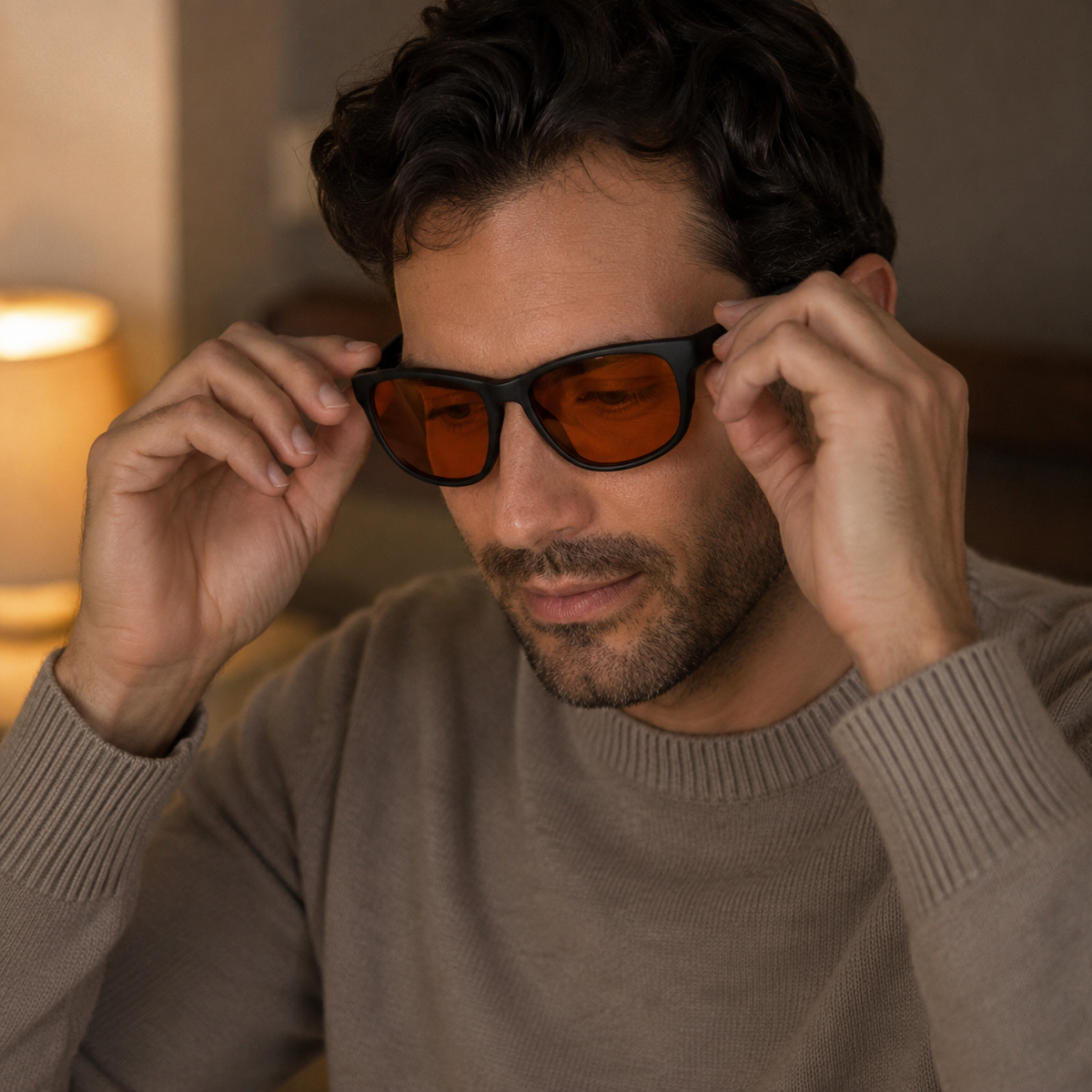 A person putting on SleepSpec glasses at the start of their evening wind-down.