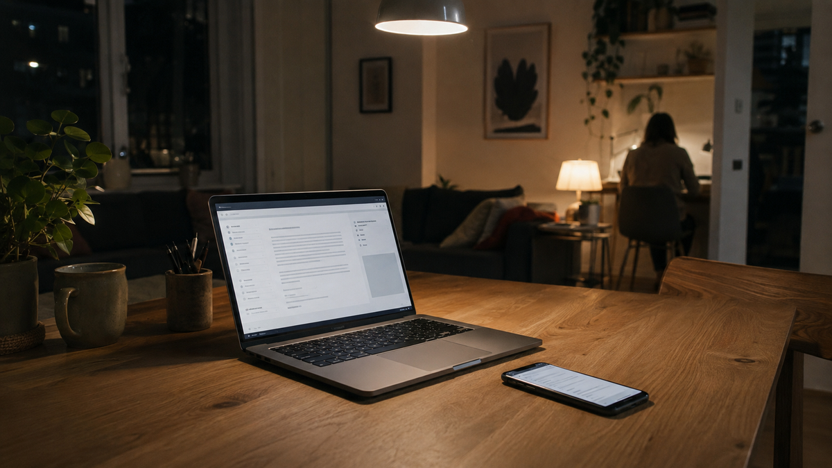 A laptop and phone glowing in a warmly lit room during the evening.
