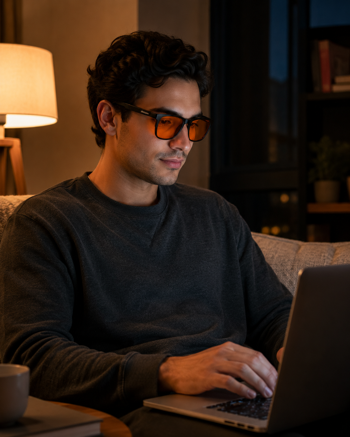 A person wearing SleepSpec glasses while using a laptop in warm evening light.