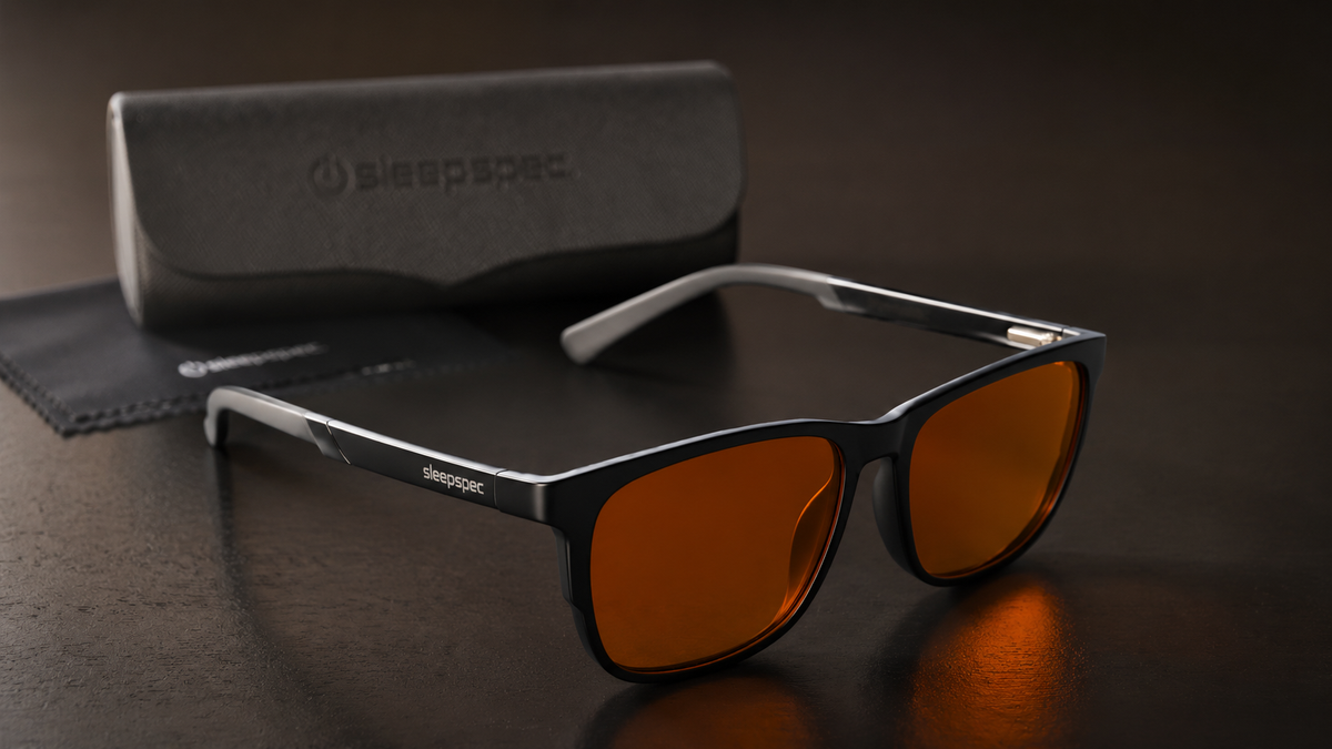 SleepSpec glasses with the included hard case and microfibre cloth.