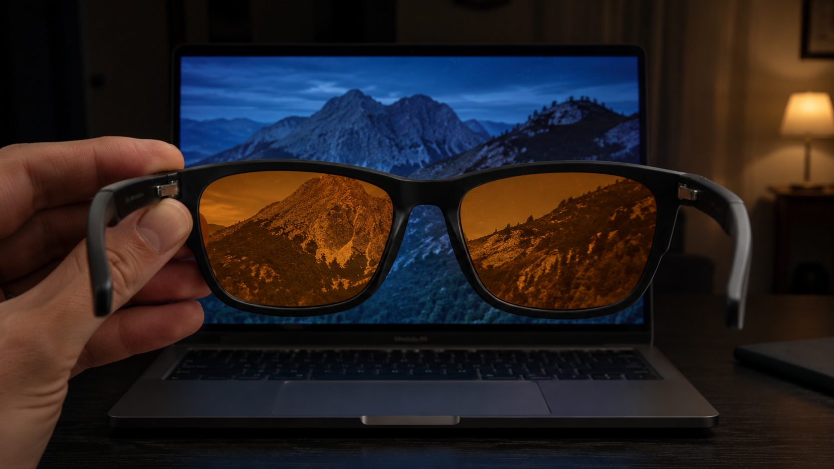 A laptop screen viewed through SleepSpec amber lenses in a warm evening room.