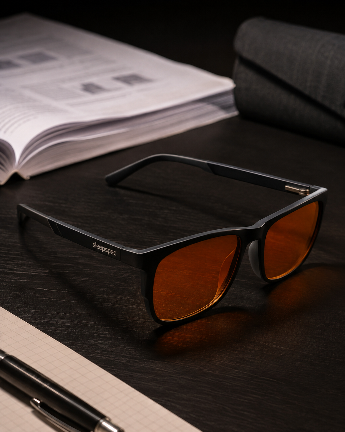 SleepSpec glasses beside open research material on a dark desk.