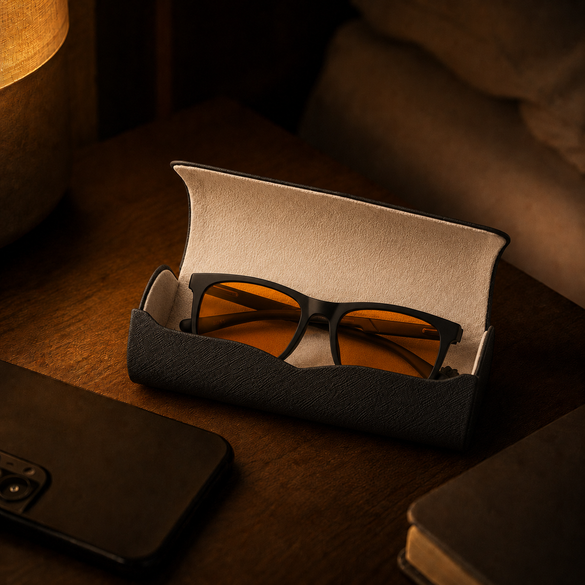 SleepSpec glasses returned to their hard case at lights-out.