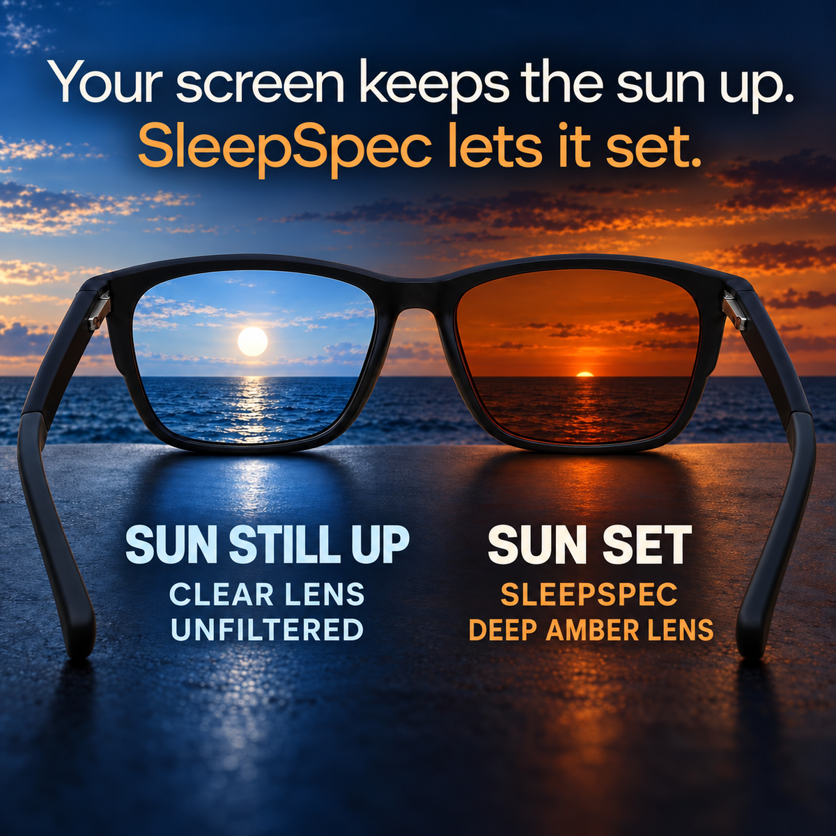 Glasses facing a sunset: through the clear lens the sun is still up, through the SleepSpec deep-amber lens it has set
