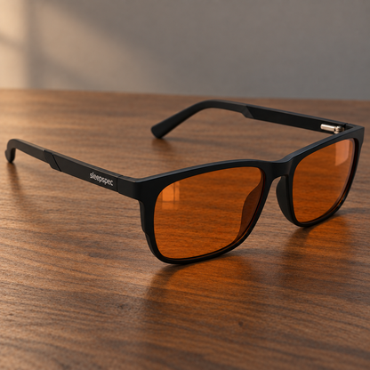 SleepSpec sleep glasses with deep-amber lenses resting on a wooden table