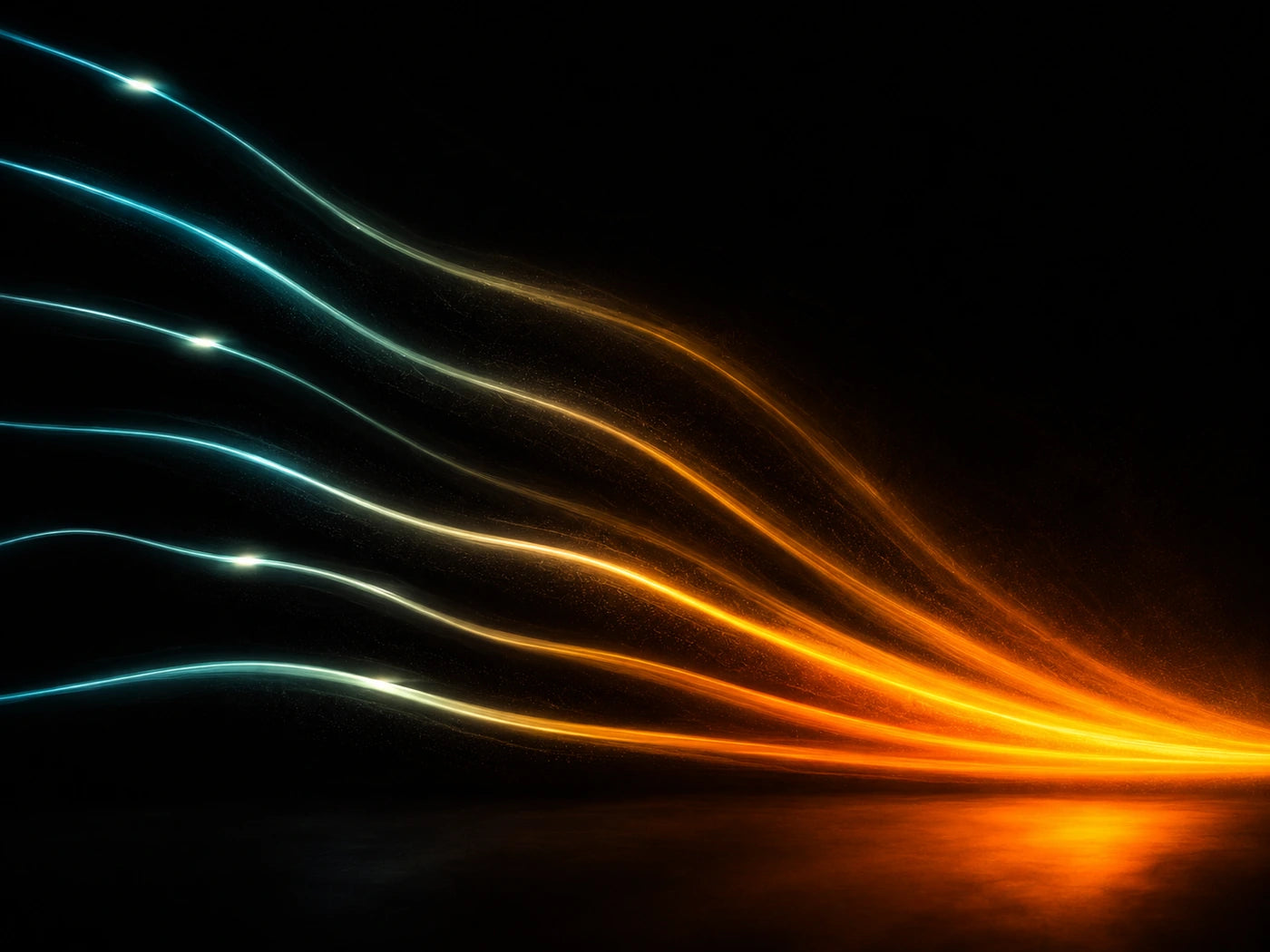 Separate cool blue-green light trails, each starting at its own point, curving and warming until they converge into one amber band
