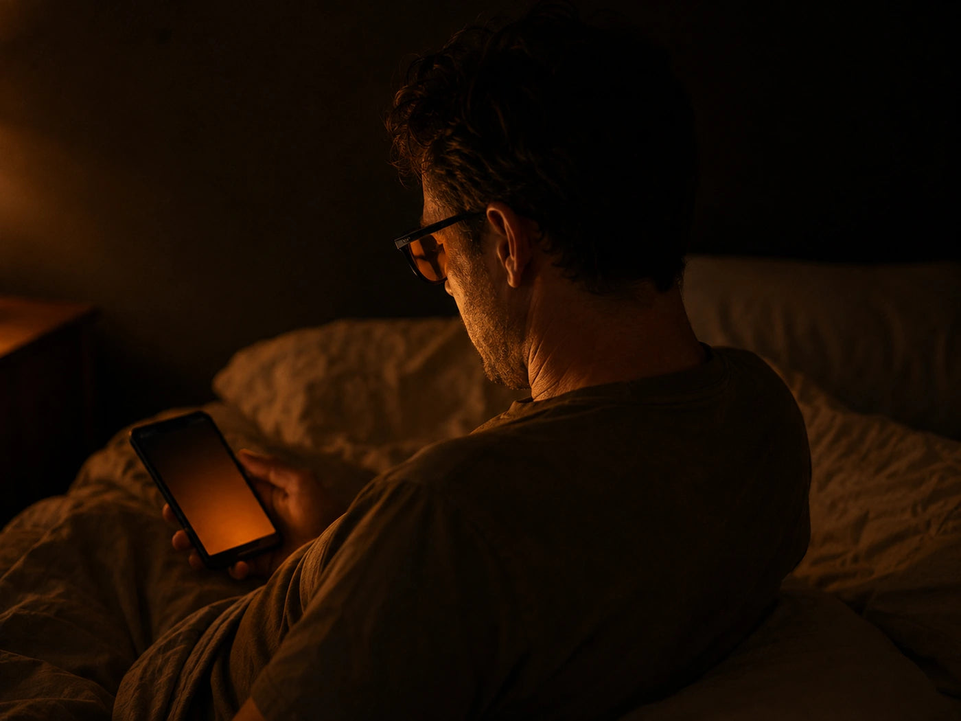 A person in bed at night using a phone while wearing SleepSpec glasses, the room and the screen lit only in warm amber