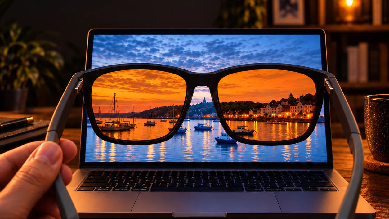 SleepSpec glasses held up to a laptop at night: through the deep-amber lenses the harbour scene turns warm orange, and the boats and buildings stay sharp.