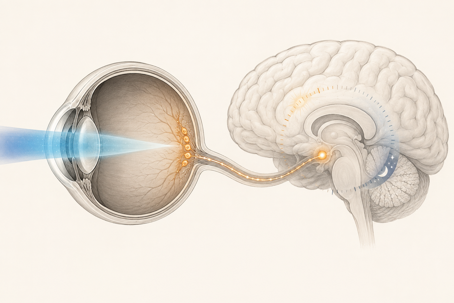 Illustration showing blue-rich evening light reaching retinal cells and signalling the body clock through the optic pathway