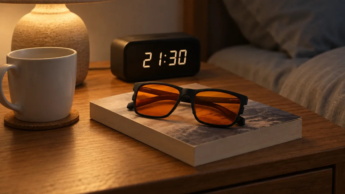 SleepSpec glasses resting on a paperback on a bedside table, beside a mug and a clock reading 21:30, under a lit bedside lamp.