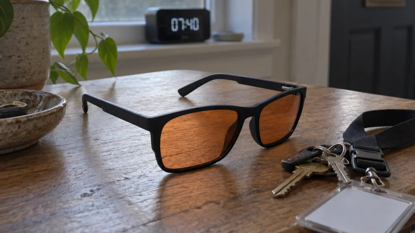 SleepSpec glasses on a hallway table beside house keys and a work lanyard. A clock on the windowsill reads 07:40 and it is light outside.
