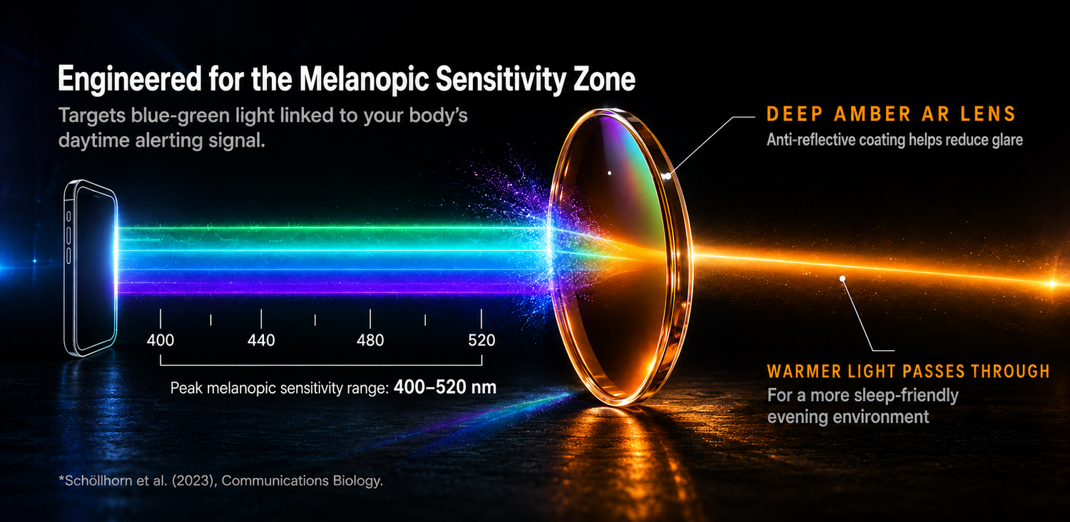 Diagram showing a deep-amber lens filtering blue-green light across the 400–520 nm melanopic sensitivity range while warmer light passes through