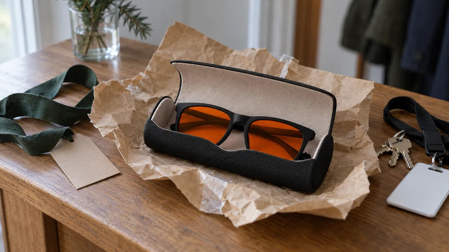 SleepSpec glasses in their open black hard case on unwrapped brown paper, beside a ribbon, house keys and a work lanyard on a hallway table in morning light.