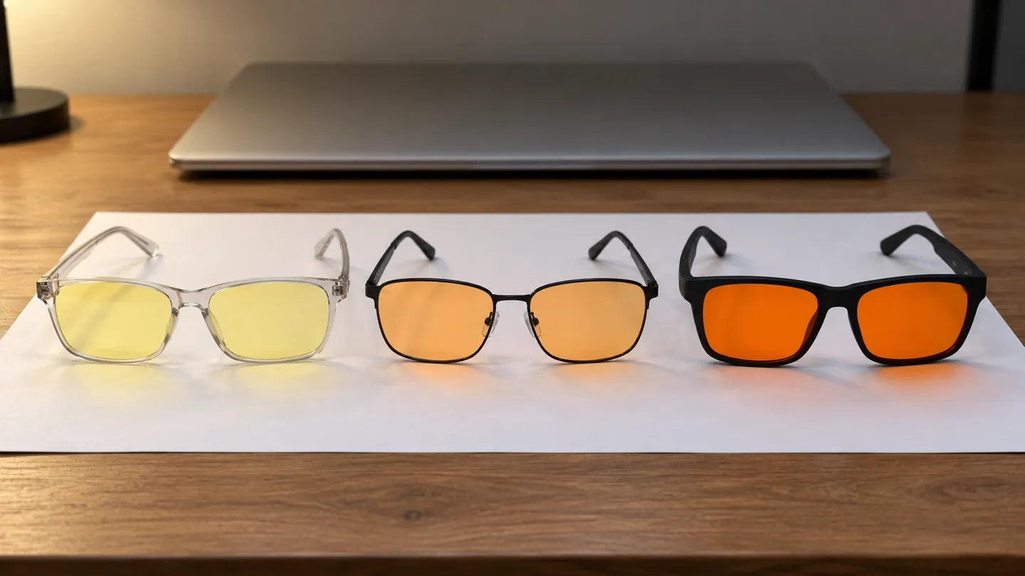 Three pairs of glasses on white paper: pale yellow, light orange and SleepSpec’s deep amber.