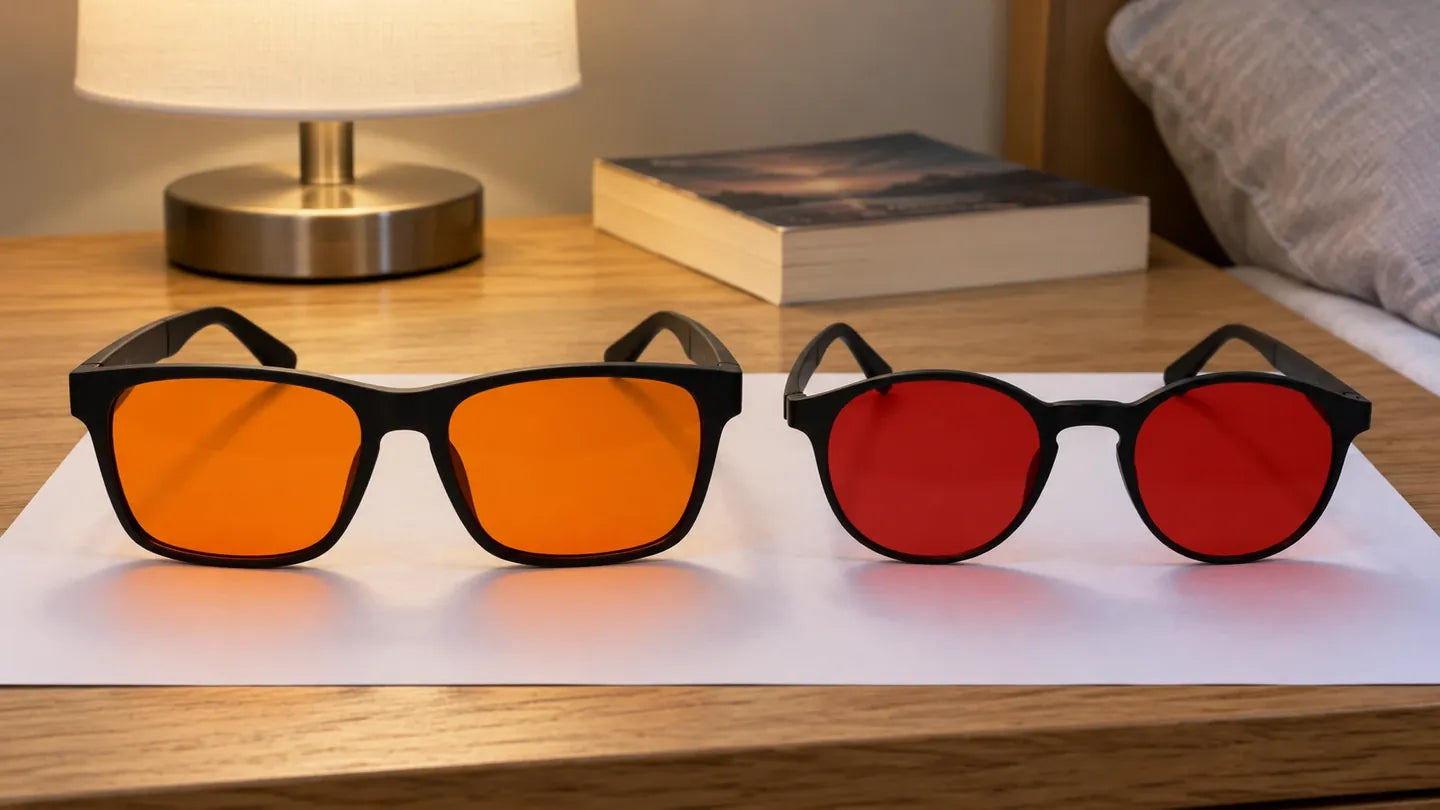 SleepSpec deep-amber glasses beside a pair with dark-red lenses, lying on white paper on a bedside table.